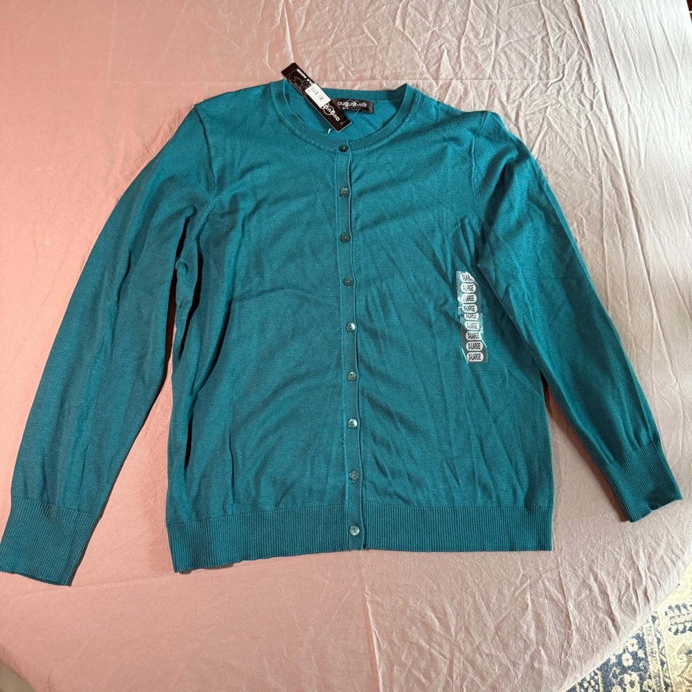 August Silk Cardigan Sweater Womens Size XL Teal Silk Blend Lightweight Preppy